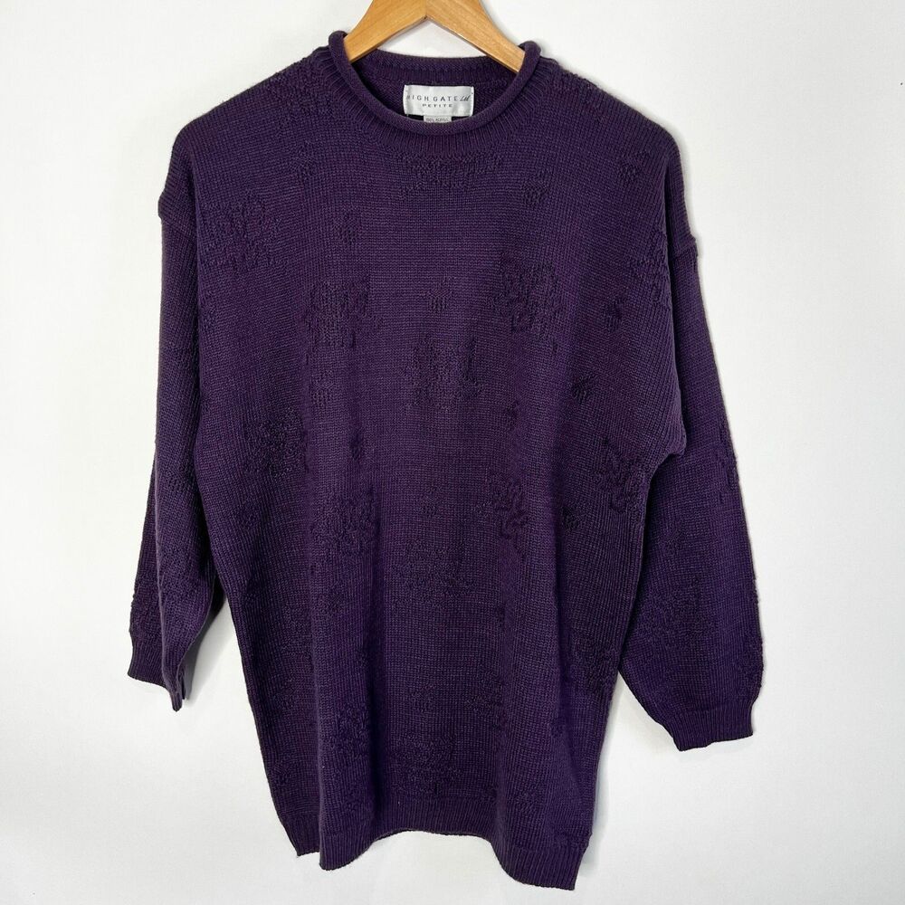 Vintage High Gate Sweater Purple Floral Textured Grandmacore Women Petite Large